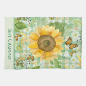 Custom Grandma Green Gingham Sunflower Butterfly Theedoek (Horizontaal)