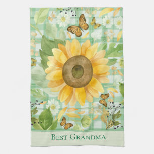 Custom Grandma Green Gingham Sunflower Butterfly Theedoek