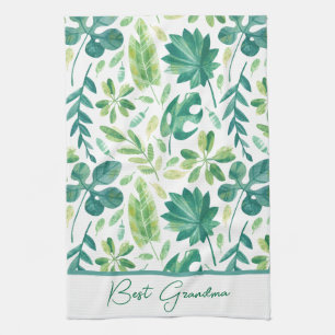 Custom Grandma Tropical Monstera Leaf Green Blauwg Theedoek