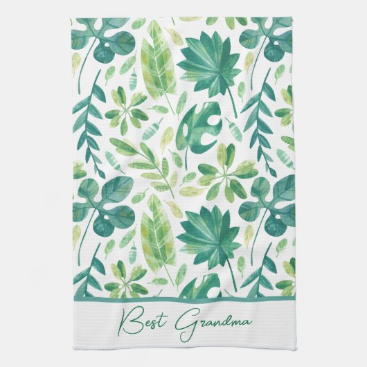 Custom Grandma Tropical Monstera Leaf Green Blauwg Theedoek (Verticaal)