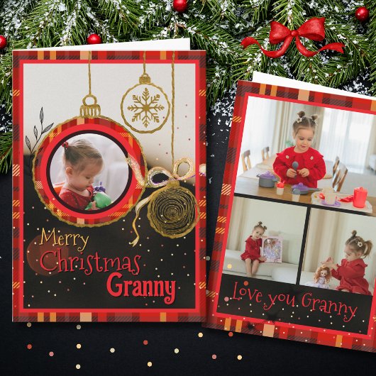 Custom Granny Christmas Photo Card | Red Plaid Feestdagen Kaart