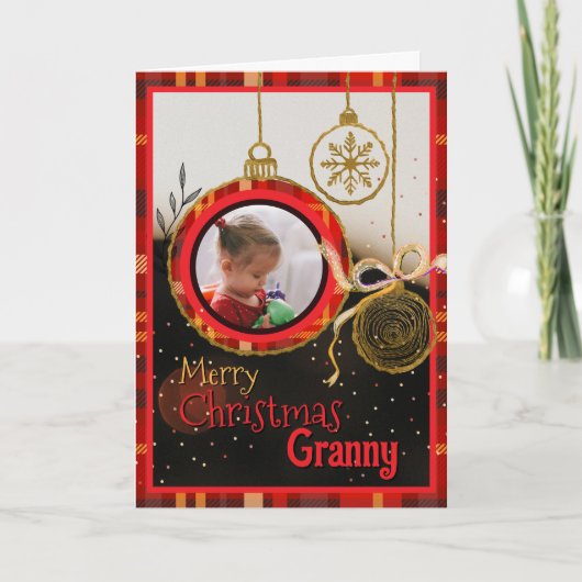 Custom Granny Christmas Photo Card | Red Plaid Feestdagen Kaart (Voorkant)