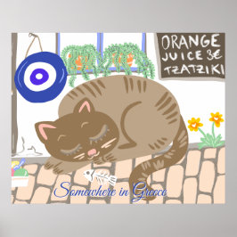 Custom Greek Taverna Cat Mediterranean Scene Poster