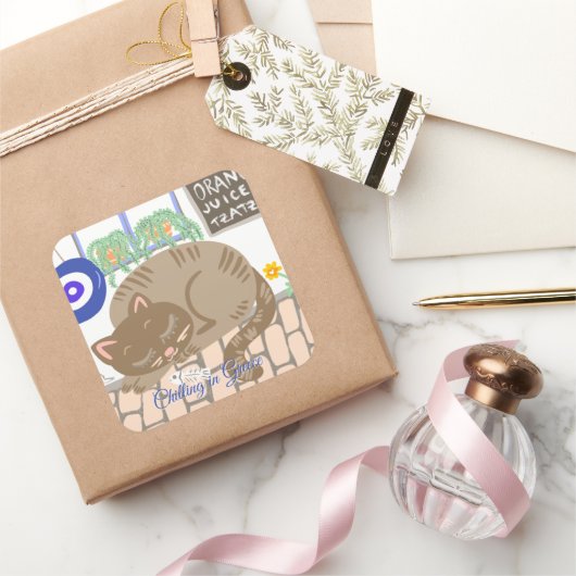 Custom Greek Taverna Cat Mediterranean Scene Vierkante Sticker (Geschenken)