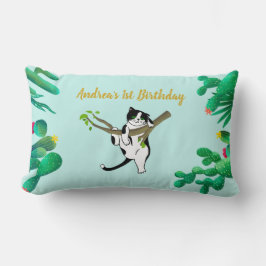 Custom Green 1st Birthday Cat Greenery Kinder Kussen