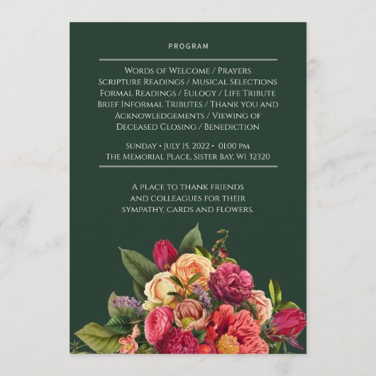 Custom Green Floral Funeral Memorial Programme Programmakaart (Achterkant)