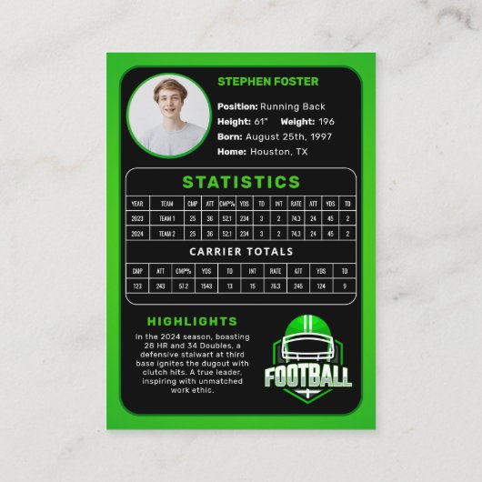 Custom Green Football Trading Kaart Photo Stats Contactkaartje (Achterkant)