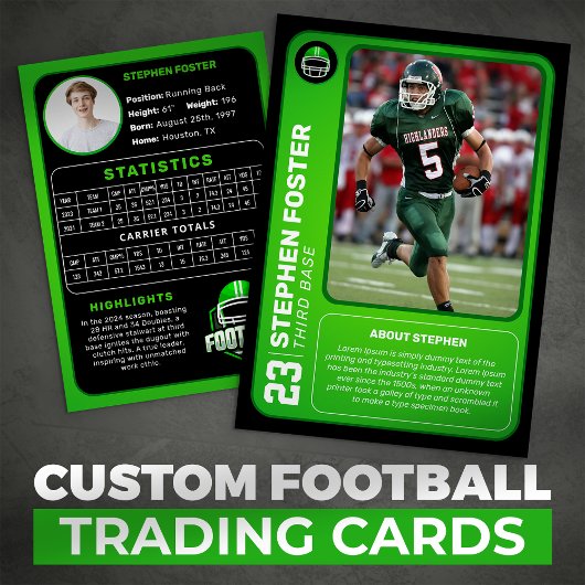 Custom Green Football Trading Kaart Photo Stats Contactkaartje