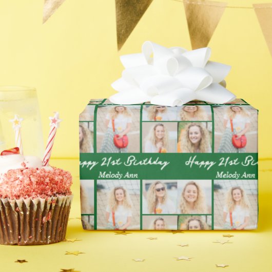 Custom Green Happy Birthday Photo Collage Cadeaupapier (Verjaardagsfeest)