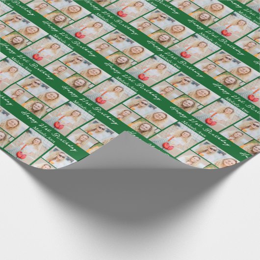 Custom Green Happy Birthday Photo Collage Cadeaupapier (Hoek)