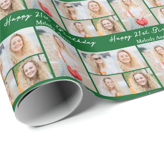 Custom Green Happy Birthday Photo Collage Cadeaupapier (Rol Hoek)