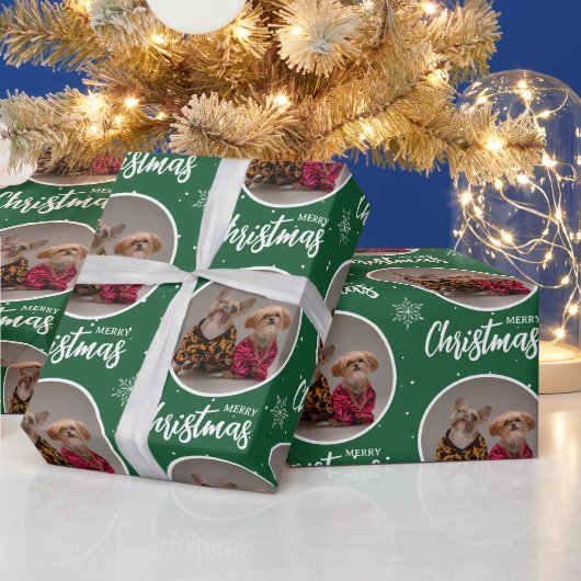 Custom Green Merry Christmas One Circle Photo Cadeaupapier (Feestdagen)