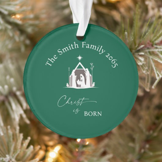 Custom Green Nativity Photo Acrylic Christmas Ornament (Boom)