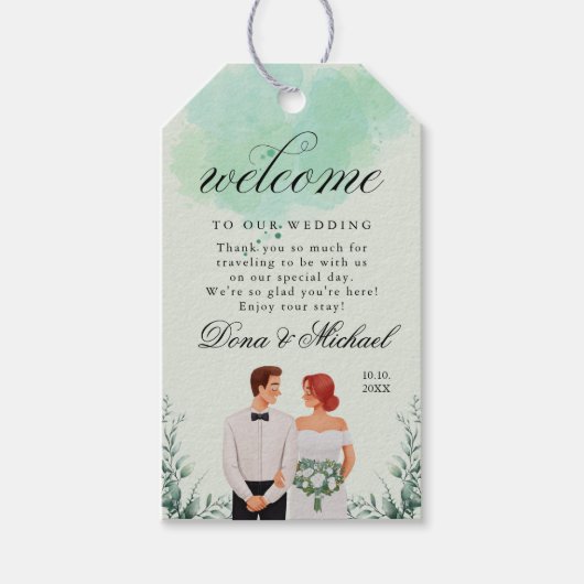 Custom green watercolor flowy wedding cadeaulabel (Voorkant)