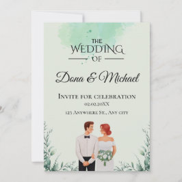 Custom green watercolor flowy wedding kaart