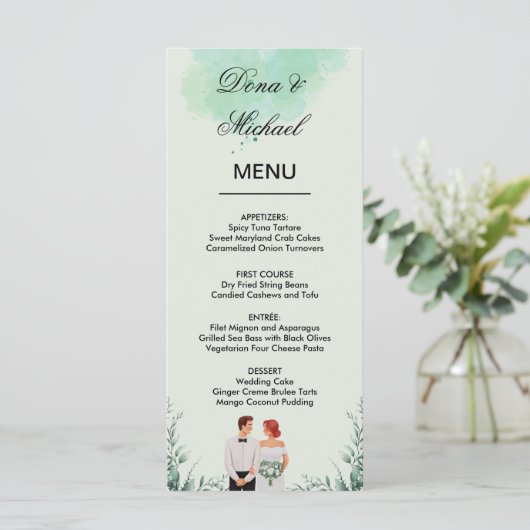 Custom green watercolor flowy wedding menu (Staand voorkant)