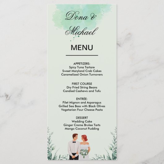 Custom green watercolor flowy wedding menu (Voorkant)