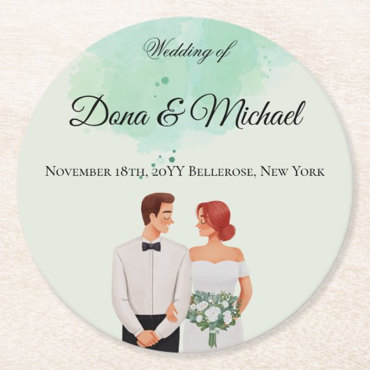 Custom green watercolor flowy wedding ronde kartonnen onderzetter (Voorkant)