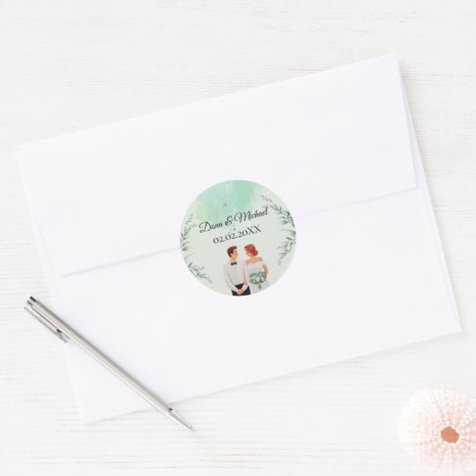 Custom green watercolor flowy wedding ronde sticker (Envelop)