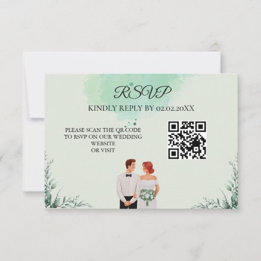 Custom green watercolor flowy wedding RSVP kaartje (Voorkant)