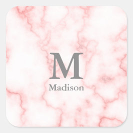 Custom Grijs Monogram en Naam op Faux Roze Marmer Vierkante Sticker