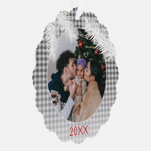 Custom grijs wit geruite gingham patroon ornament kaart (Rechts)