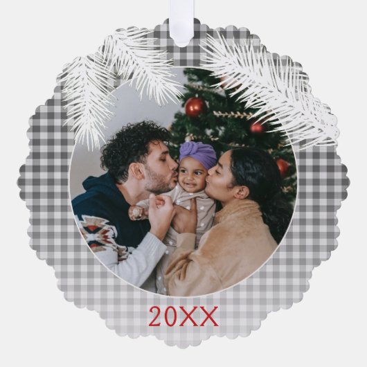 Custom grijs wit geruite gingham patroon ornament kaart (Voorkant)