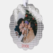 Custom grijs wit geruite gingham patroon ornament kaart (Links)