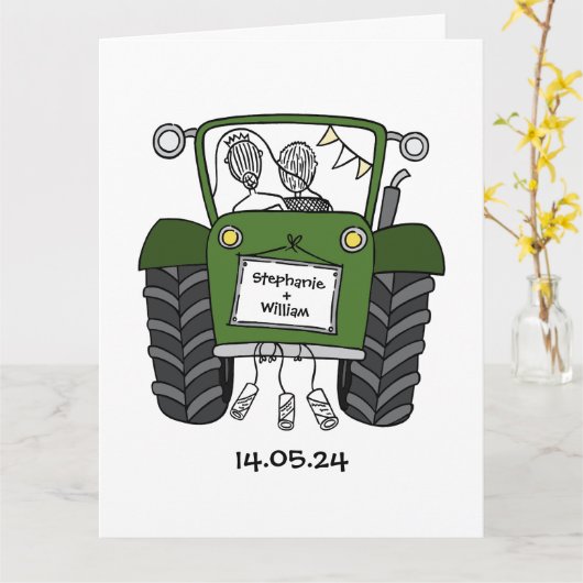 Custom Groene Tractor Land Schuur Rustieke Bruilof Kaart (Gele Bloem)