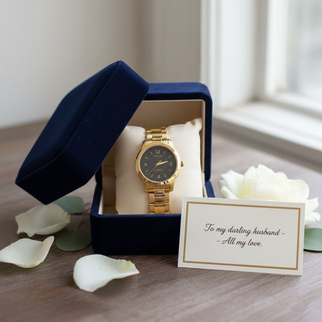 Custom Groom Wedding Gift  Elegant Gold & Charcoal Horloge (Creator heeft geüpload)