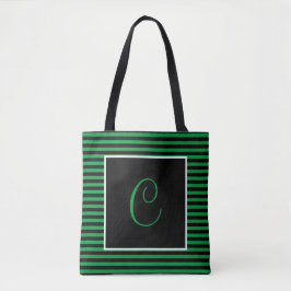 Custom Groot Initiaal Groen en Zwart Gestreept Tote Bag