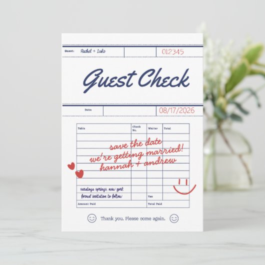 Custom Guest Check Wedding Save the Date Card (Staand voorkant)