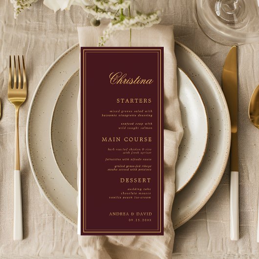 Custom Guest Name Burgundy Gold Place Card Menu
