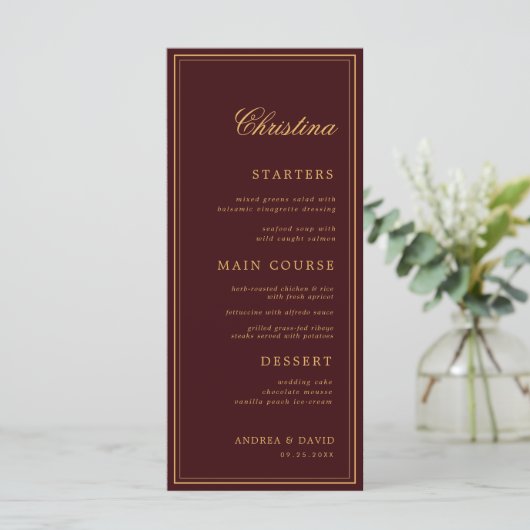 Custom Guest Name Burgundy Gold Place Card Menu (Staand voorkant)