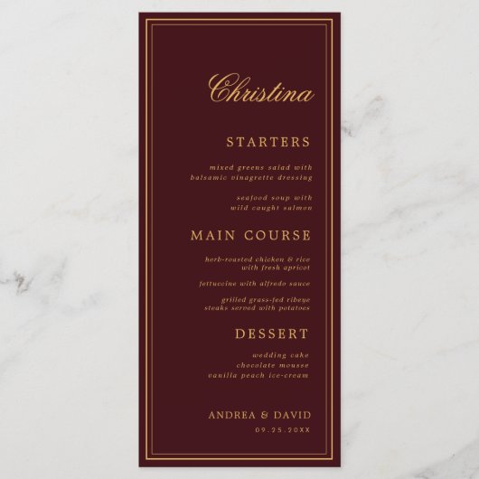 Custom Guest Name Burgundy Gold Place Card Menu (Voorkant)