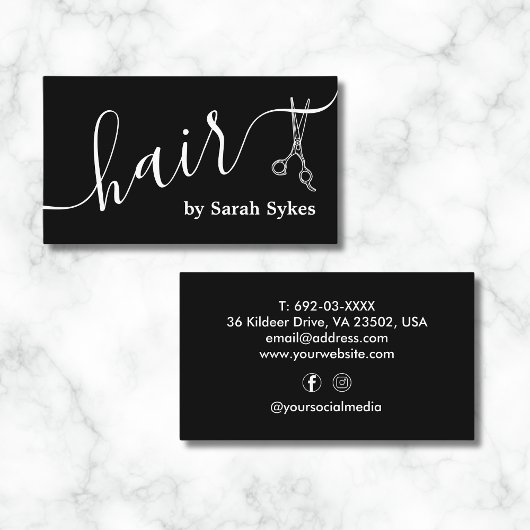 Custom Hair Stylist Schaar Script Barber Zwart Visitekaartje