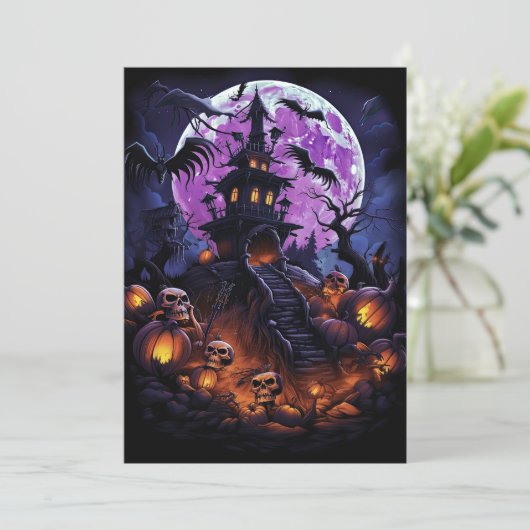 Custom Halloween Party Skelet Haunted House Kaart (Staand voorkant)