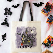 Custom Halloween Trick Treat Haunted House Paarse Tote Bag