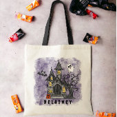 Custom Halloween Trick Treat Haunted House Paarse Tote Bag