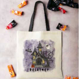 Custom Halloween Trick Treat Haunted House Paarse Tote Bag