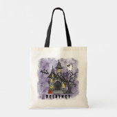 Custom Halloween Trick Treat Haunted House Paarse Tote Bag (Achterkant)