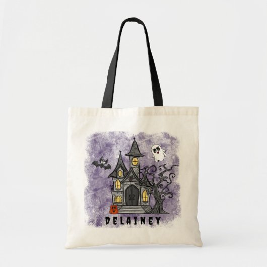 Custom Halloween Trick Treat Haunted House Paarse Tote Bag (Voorkant)