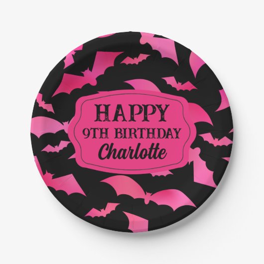 Custom Halloween Verjaardagsfeestje Zwart Roze Papieren Bordje (Voorkant)