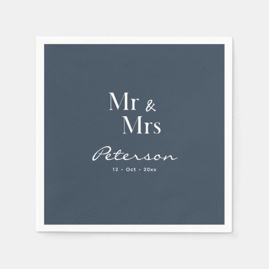Custom Hand-Lettered Navy Blue Mr en Mrs Wedding Servet (Voorkant)