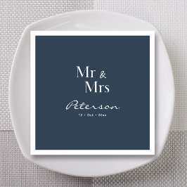 Custom Hand-Lettered Navy Blue Mr en Mrs Wedding Servet