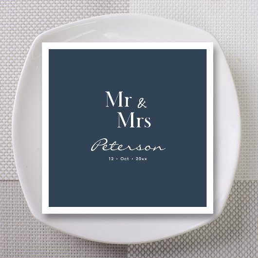 Custom Hand-Lettered Navy Blue Mr en Mrs Wedding Servet