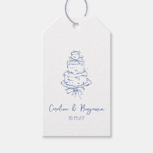 Custom Handgeschreven Frans Blauw Doodle Trouwtaar Cadeaulabel (Voorkant)