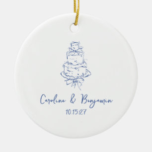 Custom Handgeschreven Frans Blauw Doodle Trouwtaar Keramisch Ornament