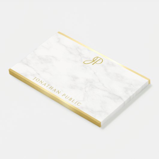 Custom Handgeschreven Monogram Wit Marmer Goud Post-it® Notes (Schuin)