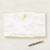 Custom Handgeschreven Monogram Wit Marmer Goud Post-it® Notes (Op bureau)